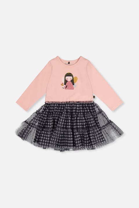 Bi-Material Fairy Detail Gingham Mesh Dress