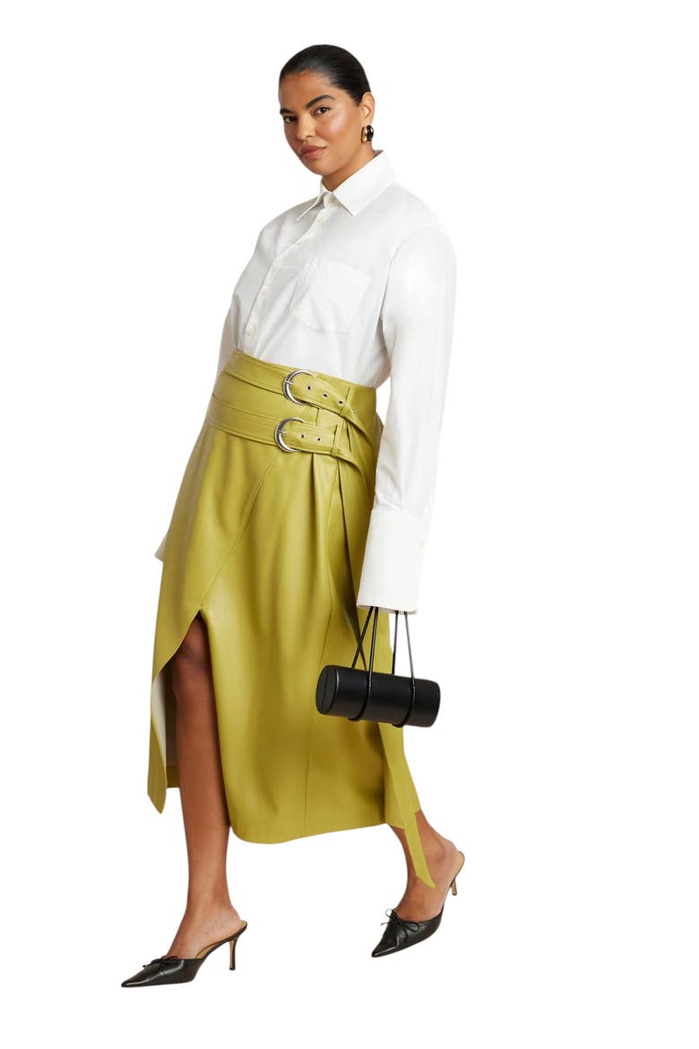 Double Belt Wrap Faux Leather Skirt, Alternate, color, MOSS