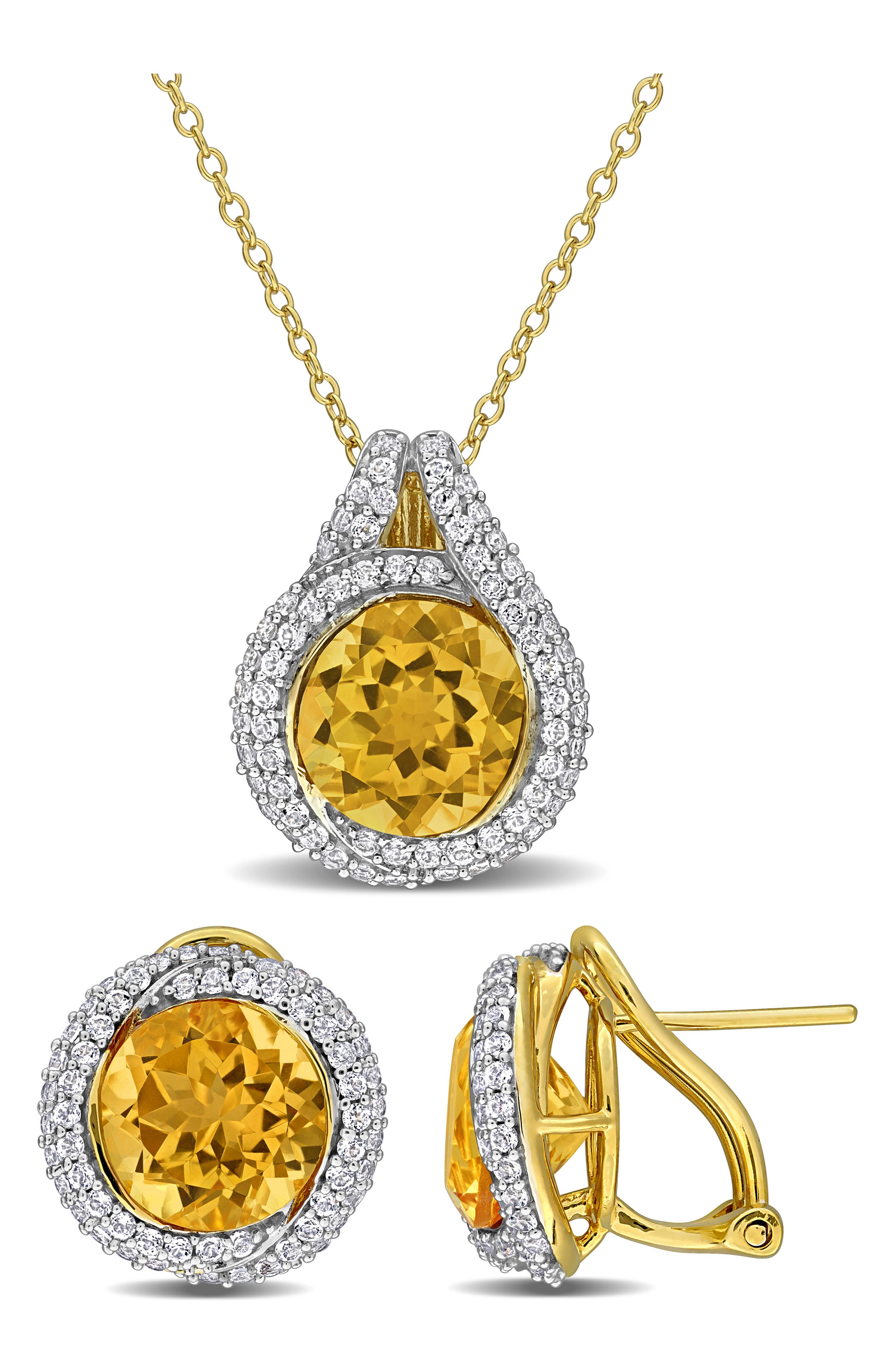 DELMAR Citrine & White Topaz Stud Earrings & Necklace Set