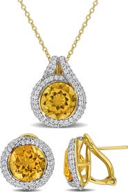 DELMAR Citrine & White Topaz Stud Earrings & Necklace Set