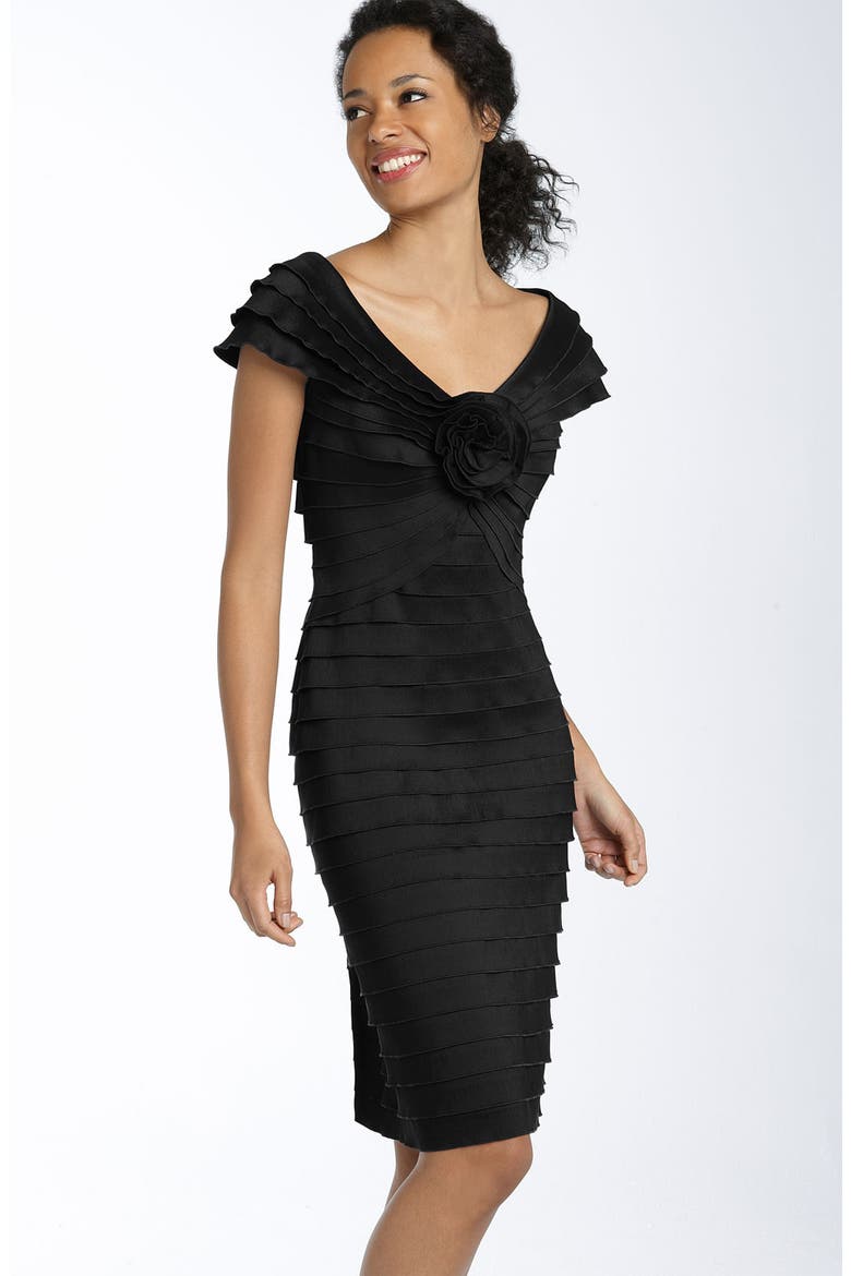 Rosette Shutter Pleat Sheath Dress, Main, color, BLACK