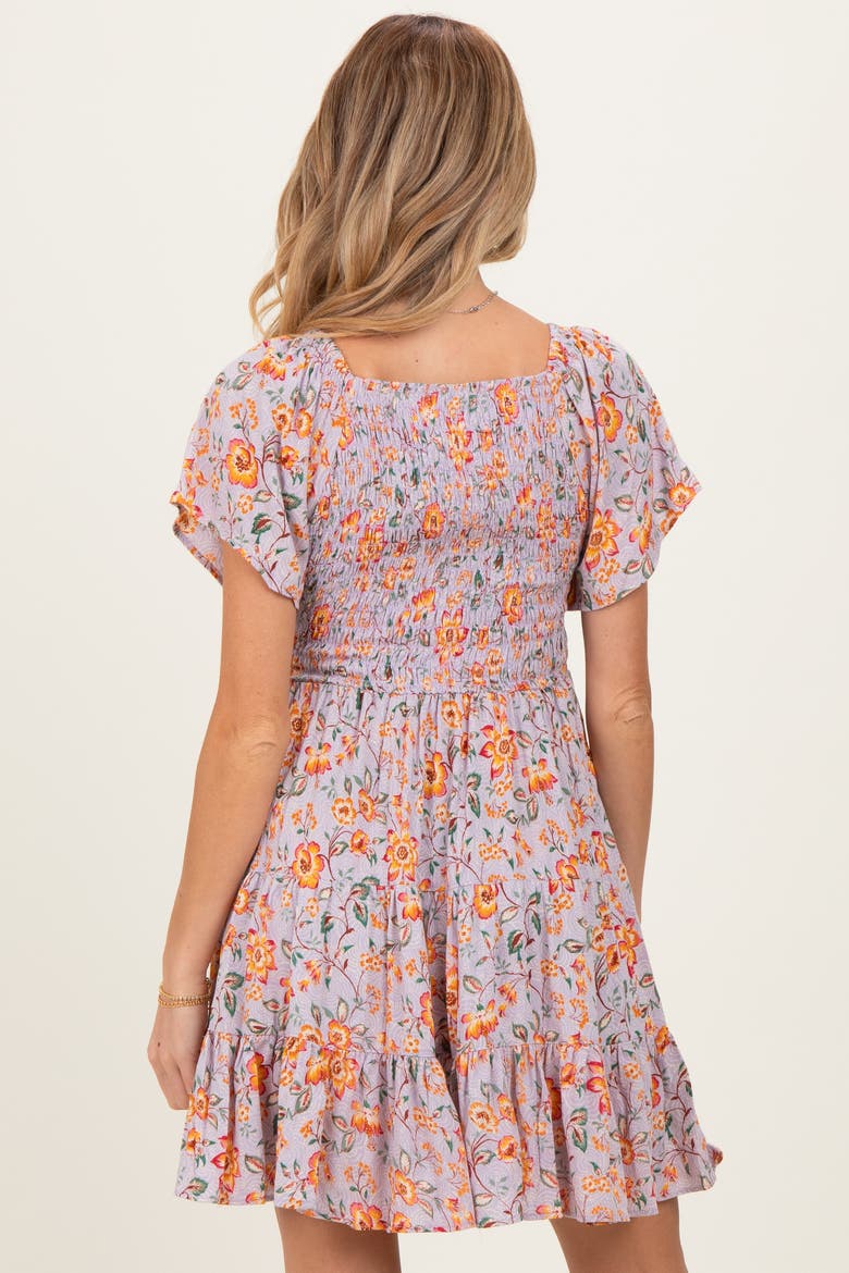 V Neck Smocked Bodice Floral Print Dress, Alternate, color, Lavender