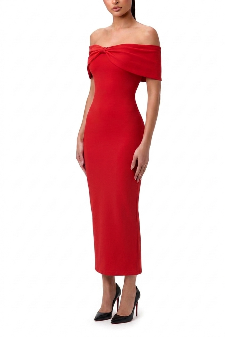 Built In Shapewear Off the Shoulder Column Maxi Dress, Alternate, color, Ruby