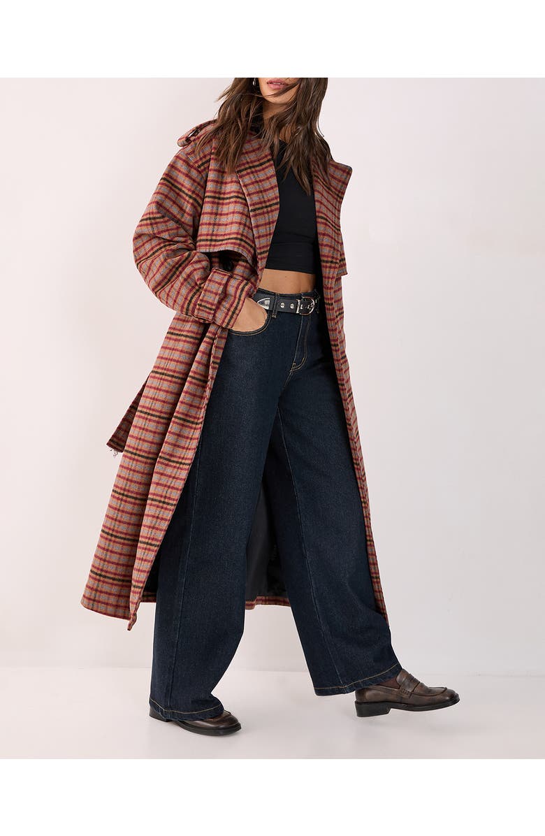 NASTY GAL Check Vinyl Collar Trench Coat, Alternate, color, Brown