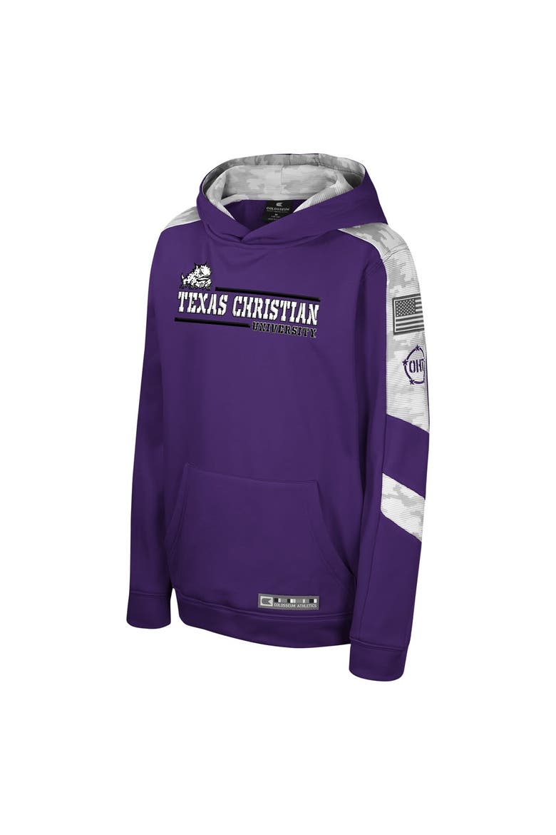 Youth Colosseum Purple TCU Horned Frogs OHT Military Appreciation Cyclone Digital Camo Pullover Hoodie, Alternate, color, Purple