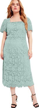 June + Vie Square Neck Lace Midi Dress