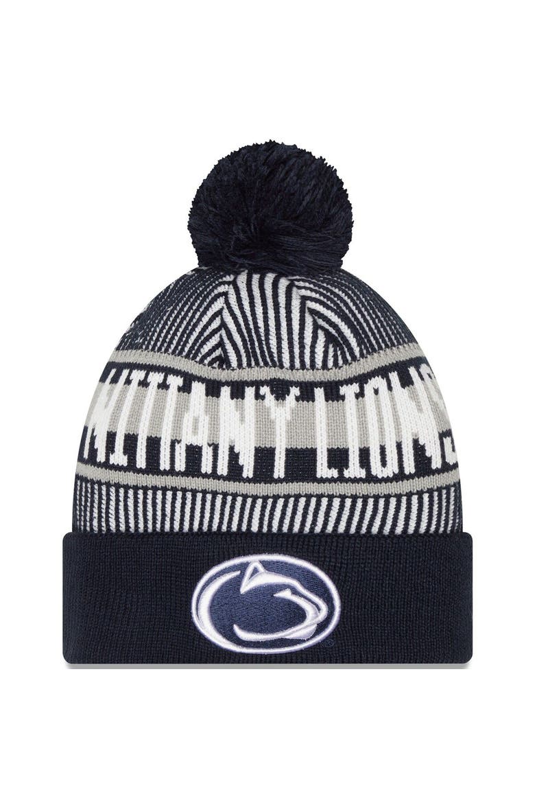 Men's New Era  Navy Penn State Nittany Lions Logo Striped Cuff Knit Hat with Pom, Main, color, Navy