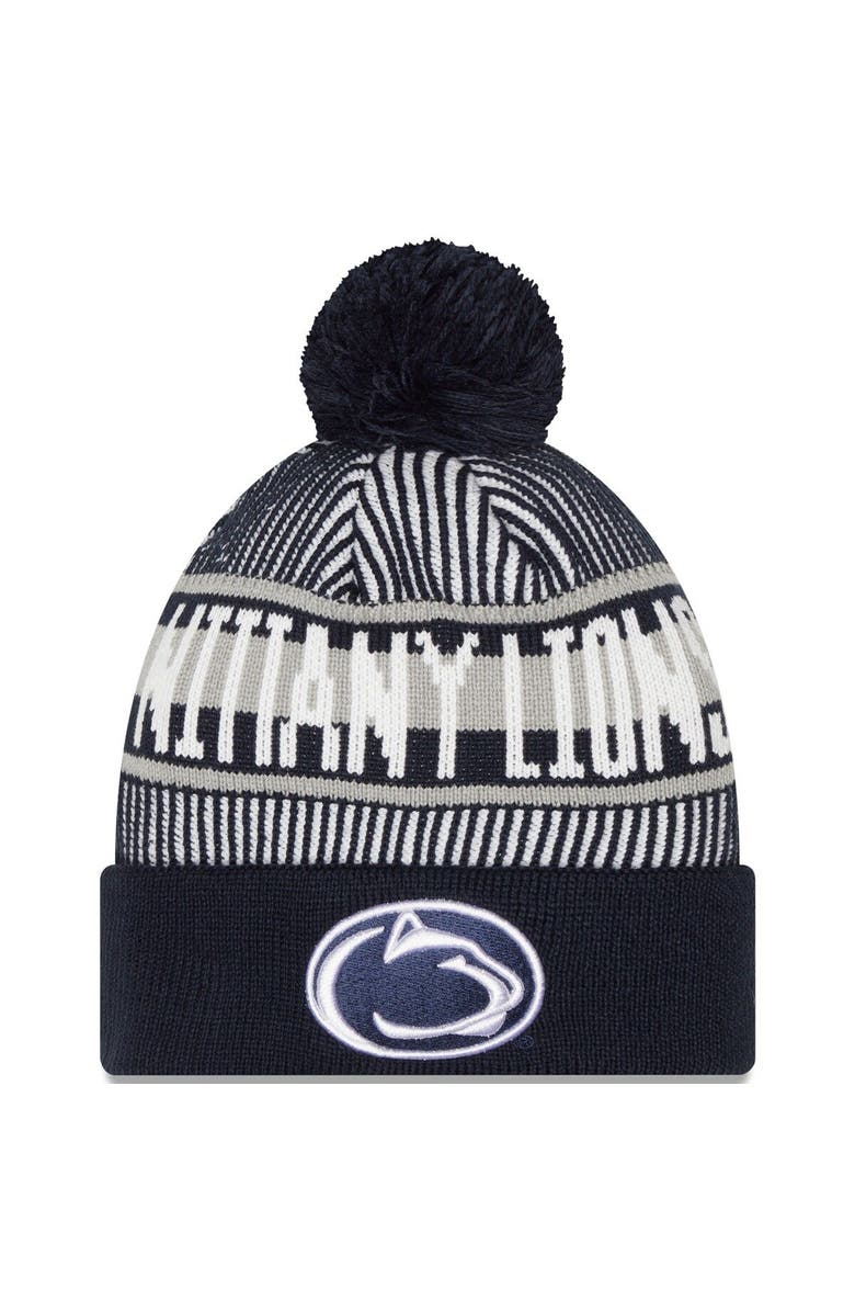 New Era Men's New Era  Navy Penn State Nittany Lions Logo Striped Cuff Knit Hat with Pom, Main, color, 