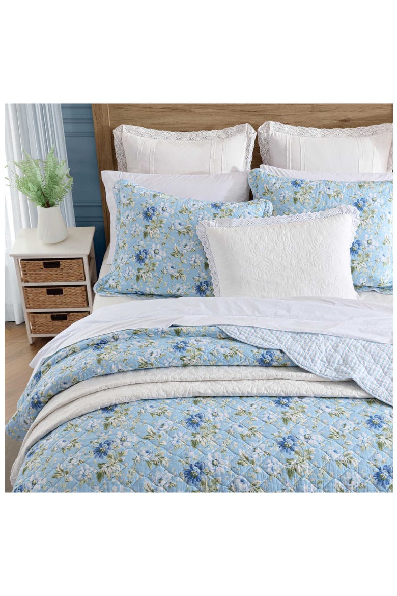 Peony Garden Cotton Quilt & Sham 3-Piece Set, Alternate, color, LIGHT BLUE/ GREEN