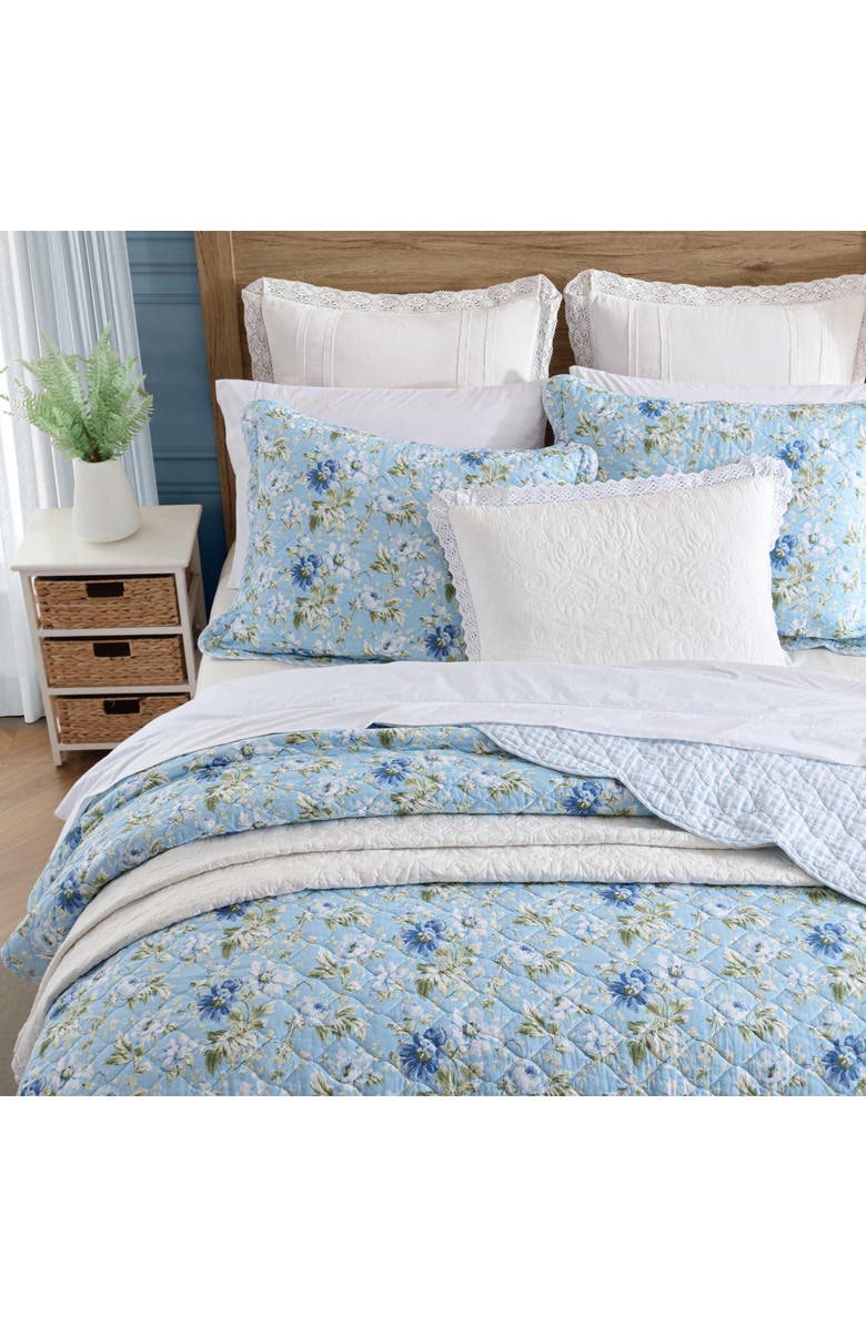 Laura Ashley Peony Garden Cotton Quilt & Sham 3-Piece Set, Alternate, color, Light Blue/ Green