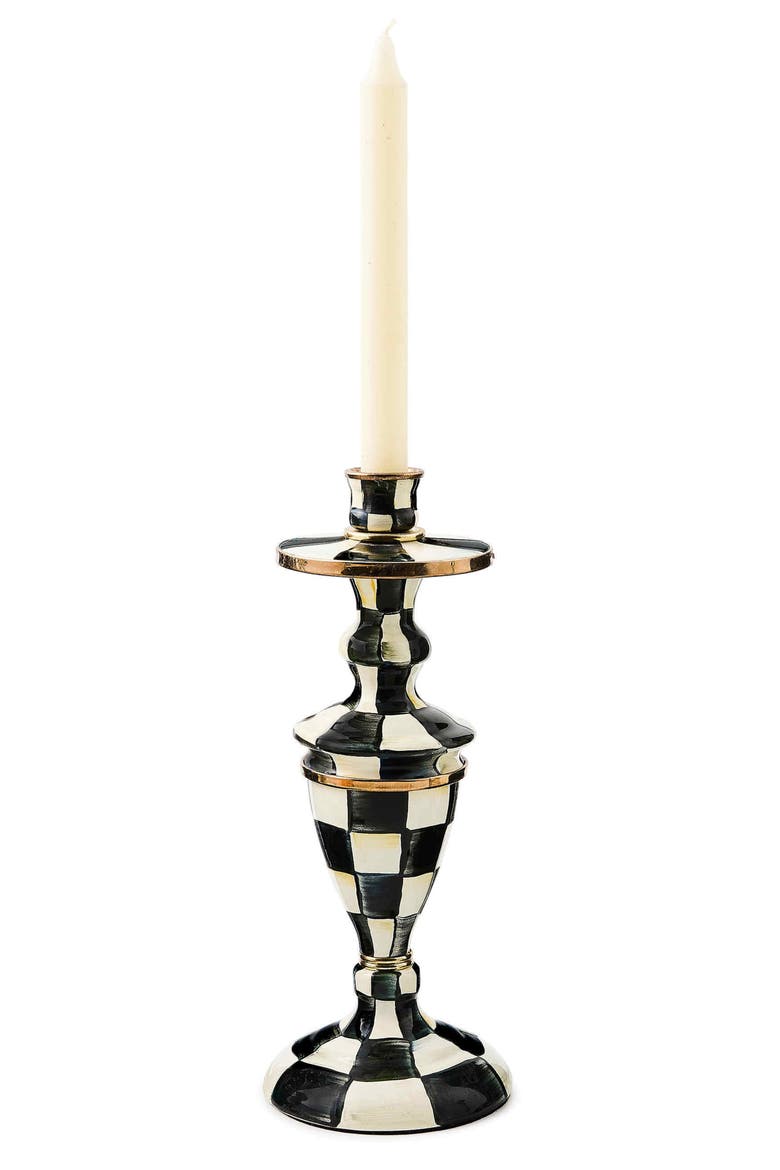 Courtly Check Medium Enameled Steel Candleholder, Alternate, color, BLACK/ WHITE