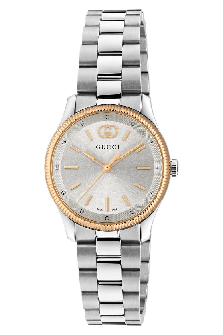 G-Timeless Diamond Slim Bracelet Watch, 29mm, Main, color, SILVER/ ROSE GOLD