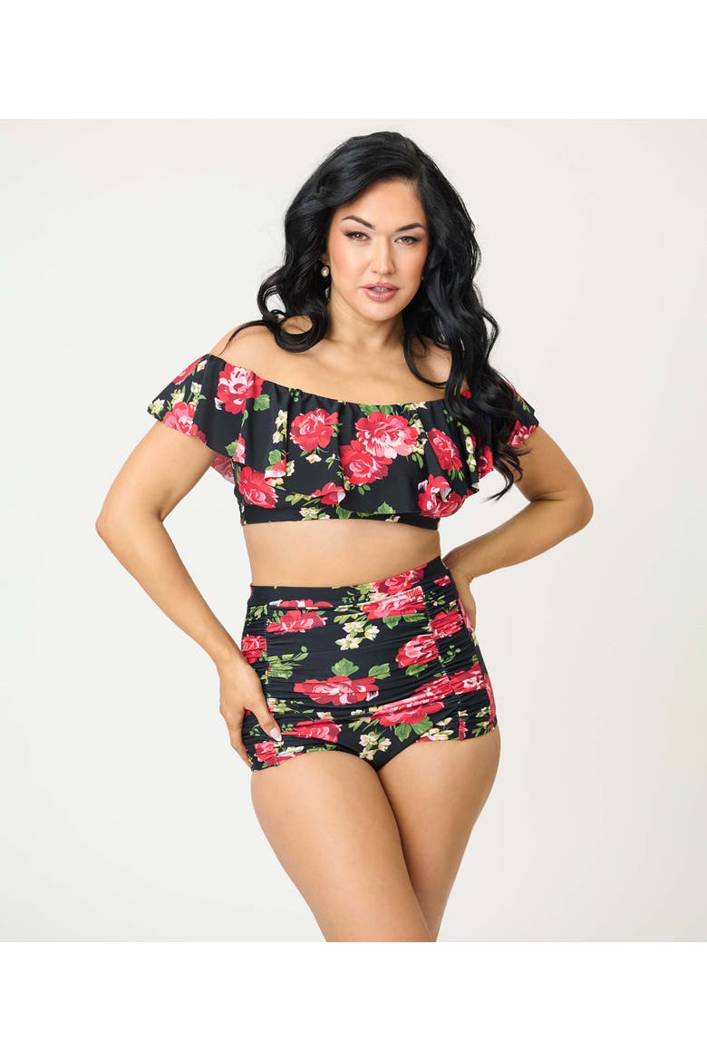 Monroe High Waist Bikini Bottom, Main, color, Black Cabbage Rose Print
