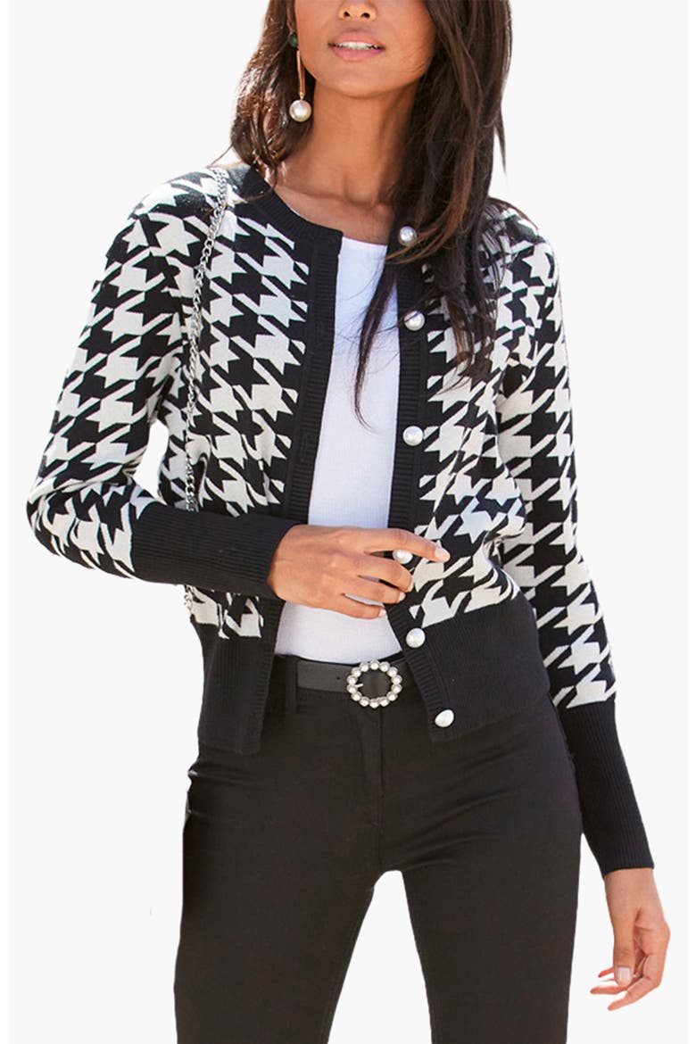 Women's Pearl Button Houndstooth Cardigan, Main, color, Black Patterned