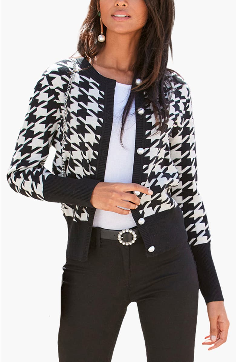 LASCANA Women's Pearl Button Houndstooth Cardigan, Main, color, Black Patterned