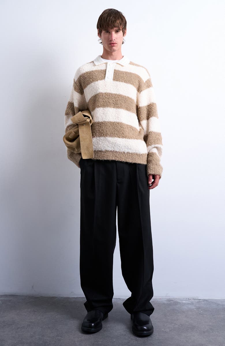 Topman Oversize Stripe Bouclé Polo Sweater, Alternate, color, Brown