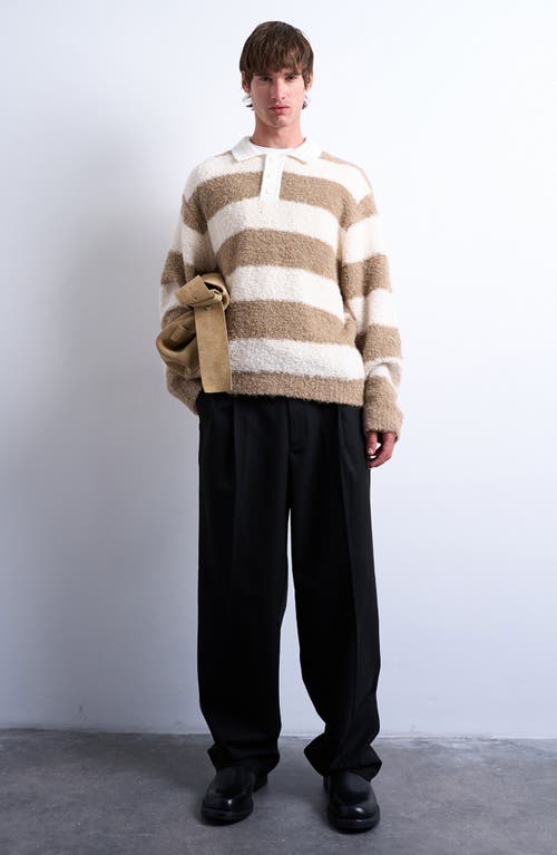 Topman Oversize Stripe Bouclé Polo Sweater In Brown