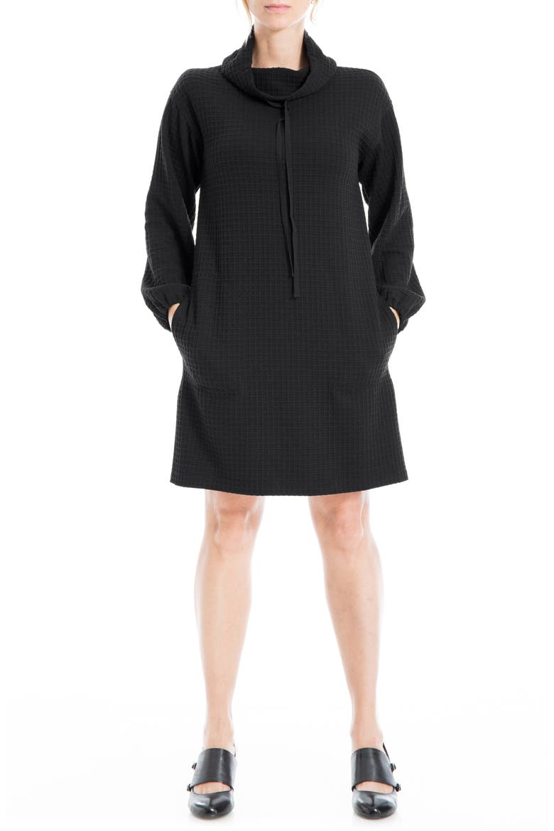 Long Sleeve Waffle Knit Shift Dress, Main, color, BLACK