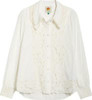 FARM Rio Embroidered Eyelet Puff Sleeve Button-Up Shirt