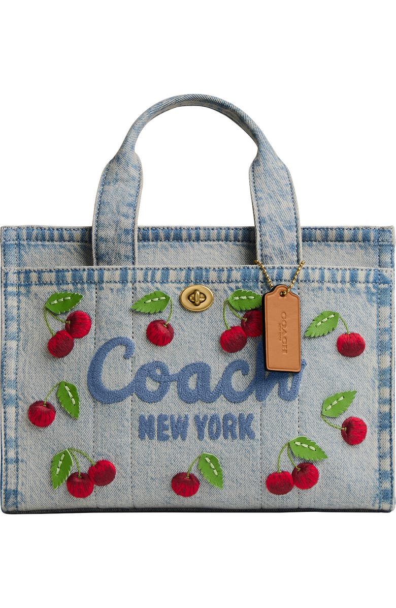 COACH Cherry Embroidery Cargo Denim Tote 26, Main, color, Denim Multi