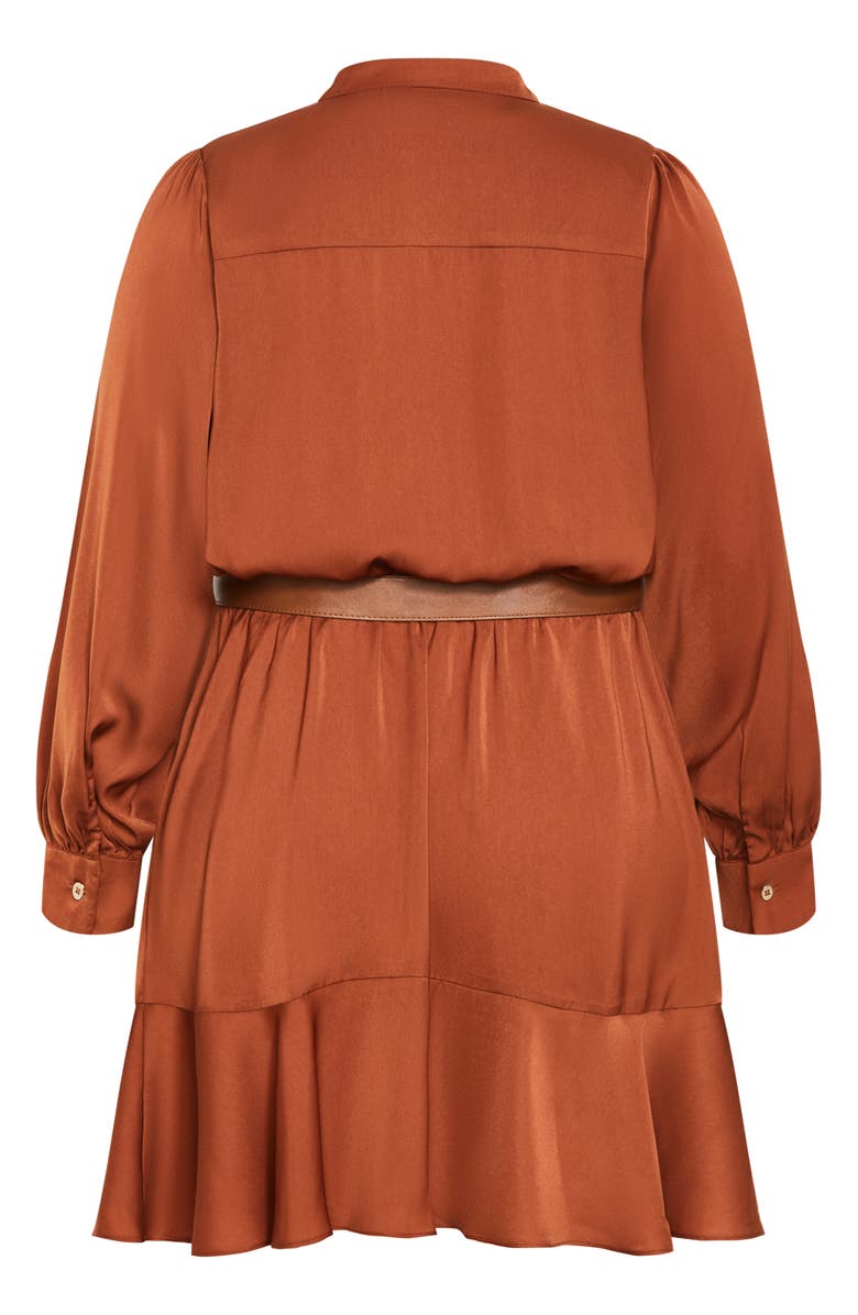 City Chic Oki Belted Long Sleeve Satin Shirtdress, Alternate, color, Toffee
