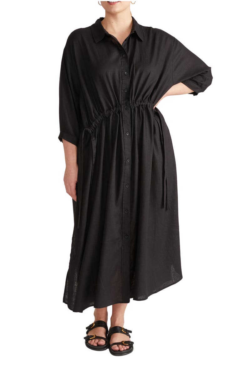 Universal Standard Drawstring Waist Button-Up Linen Blend Shirtdress, Main, color, Black