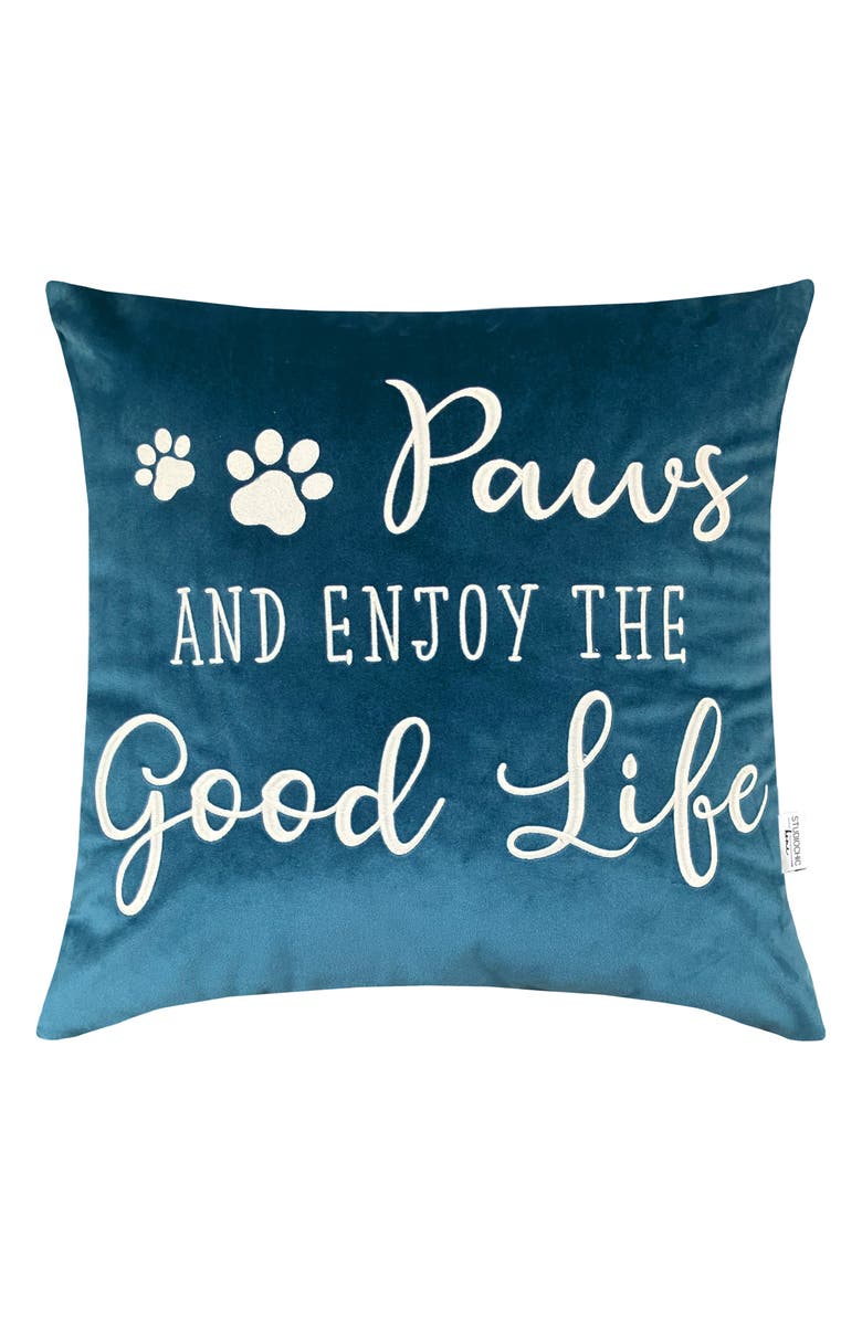 STUDIOCHIC Paws & Enjoy the Good Life Embroidered Accent Pillow, Main, color, Blue