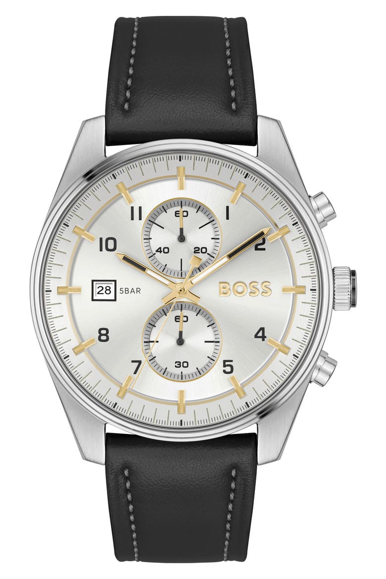 Skytraveller Chronograph Leather Strap Watch, 44mm, Main, color, SILVER DIAL