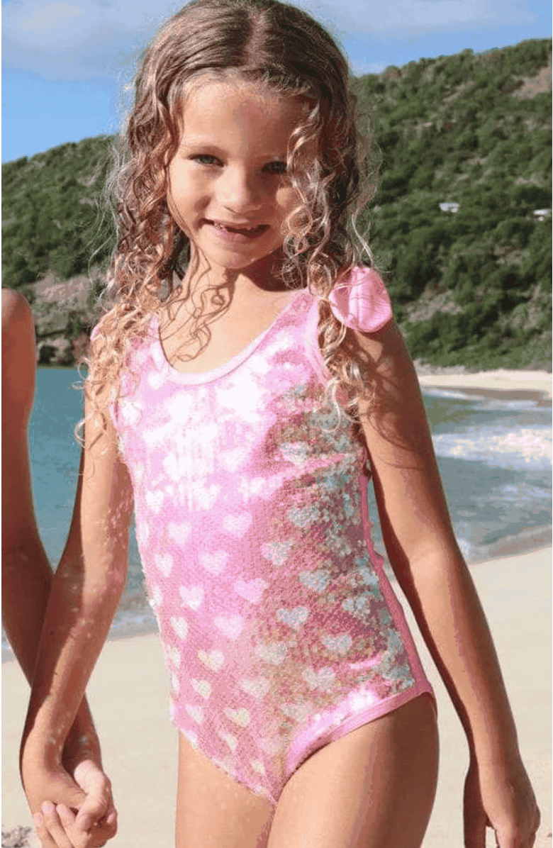 Lola + The Boys Full Hearts Sequin Swimsuit, Alternate, color, Pink