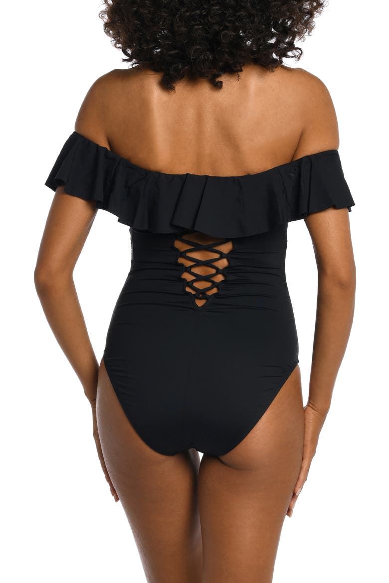 Off the Shoulder One-Piece Swimsuit, Alternate, color, BLACK