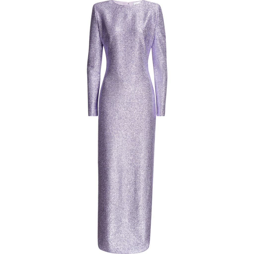 Shop Oscar De La Renta Long Sleeve Metallic Knit Column Gown In Lavender