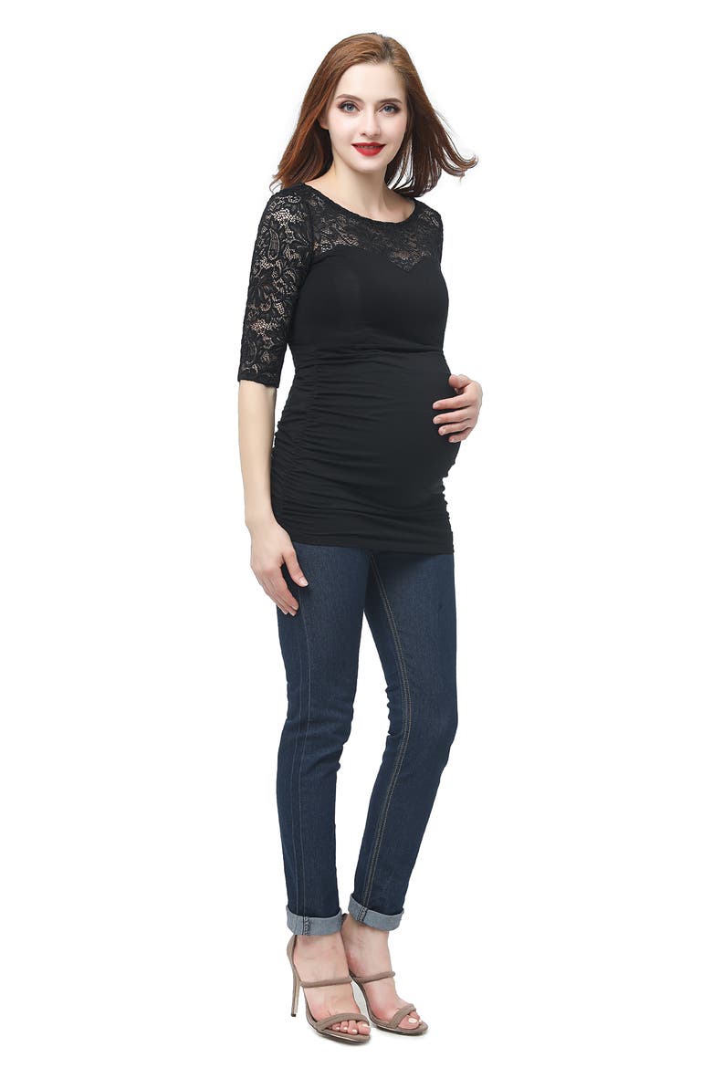 Lace Trim Ruched Maternity Top, Alternate, color, BLACK