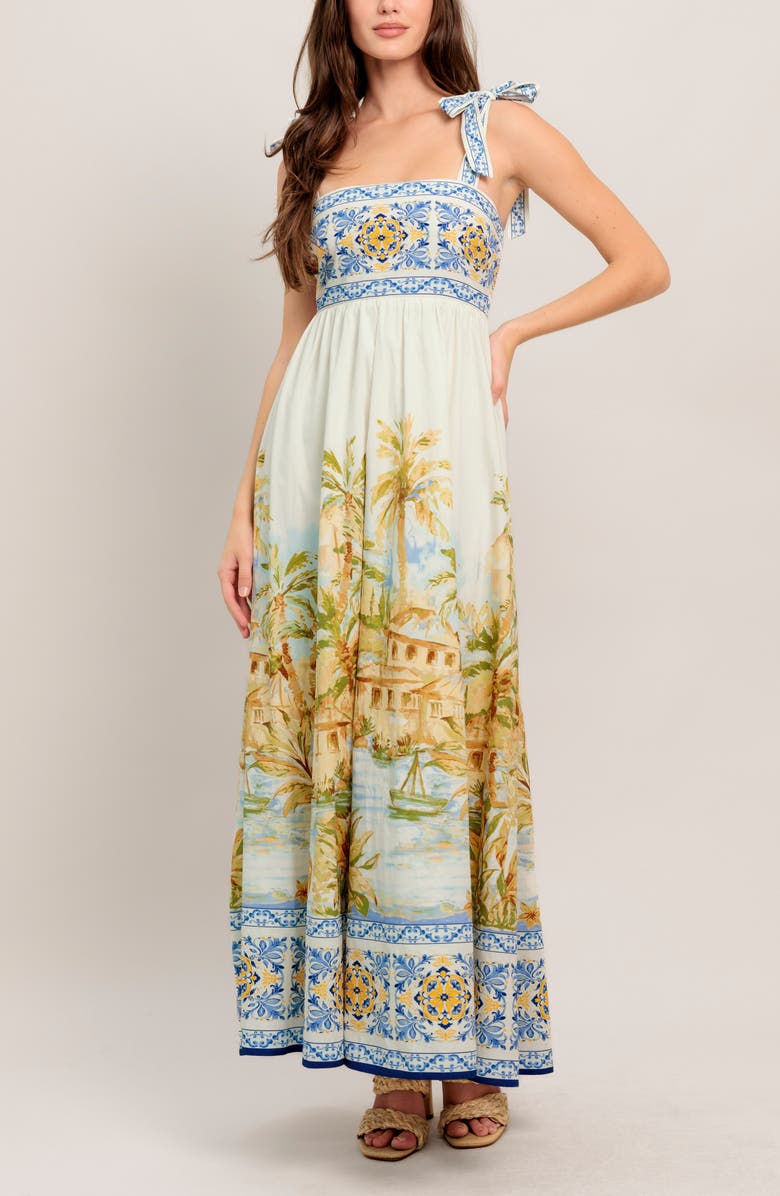 FLYING TOMATO Square Neck Bow Tie Strap Maxi Dress, Alternate, color, Ivory