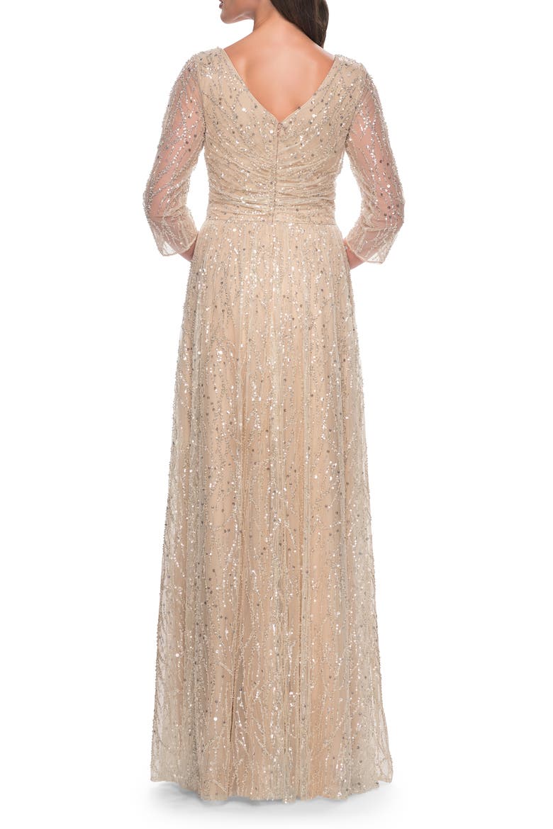 Beaded Sequin Dress with Ruched Waist and V Neckline, Alternate, color, Champagne