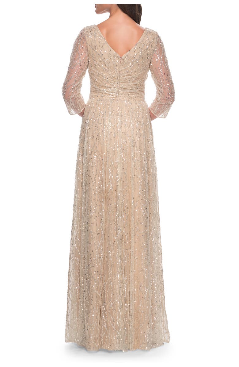La Femme Beaded Sequin Dress with Ruched Waist and V Neckline, Alternate, color, Champagne