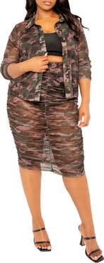 BUXOM COUTURE Camo Semisheer Mesh Button-Up Shirt & Body-Con Skirt