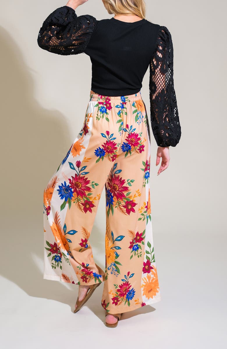 FLYING TOMATO Floral Wide Leg Drawstring Pants, Alternate, color, Ivory Taupe