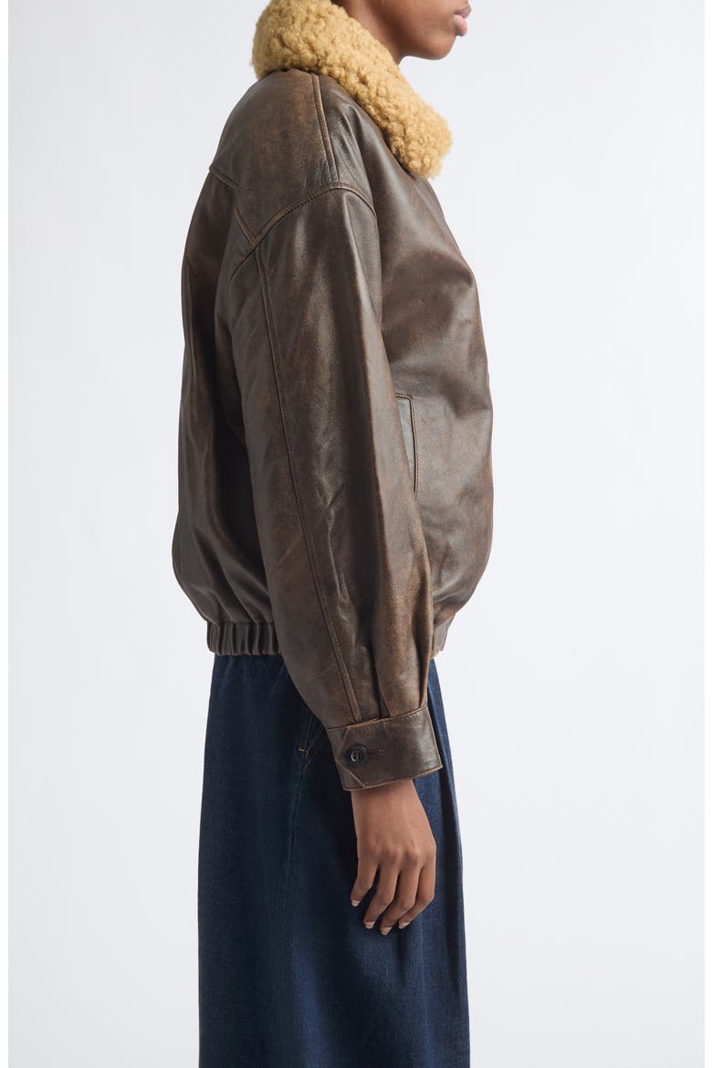 Leather Bomber Jacket with Removable Genuine Shearling Collar, Alternate, color, BROWN