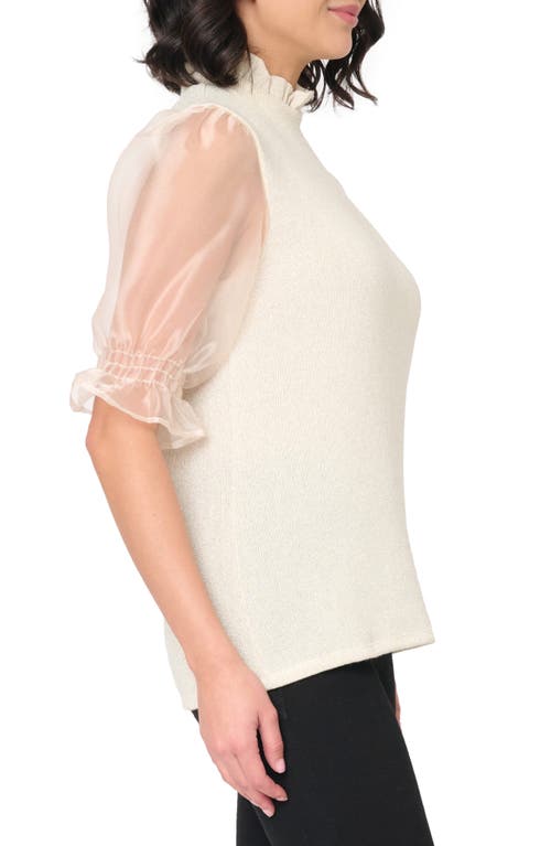 Gibsonlook Feminine Ruffle Top With Organza Puff Elbow Sleeve In Champagne In Multi