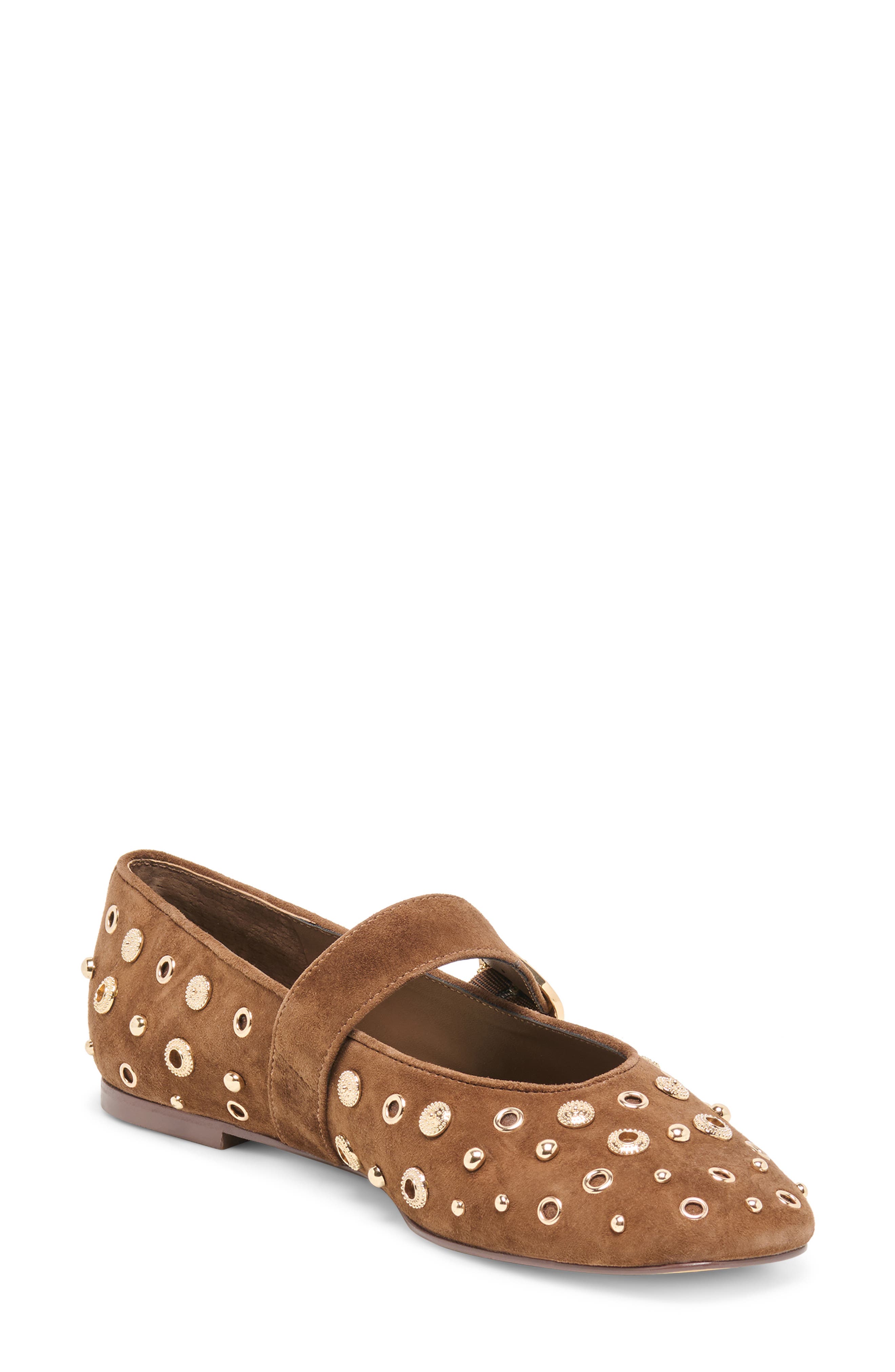 Mella Stud Leather Mary Jane Flat, Main, color, COCOA SUEDE