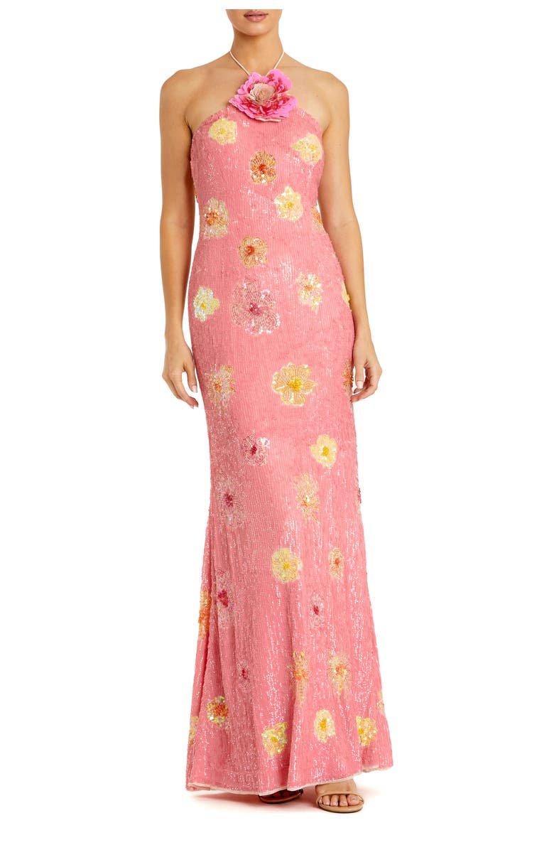 Mac Duggal Halter Neck Floral Embellished Mesh Gown, Main, color, Pink Lemonade