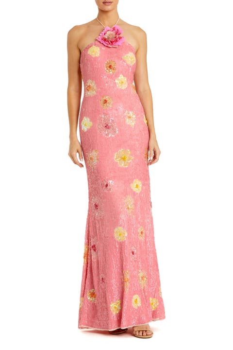 Halter Neck Floral Embellished Mesh Gown