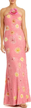 Mac Duggal Halter Neck Floral Embellished Mesh Gown