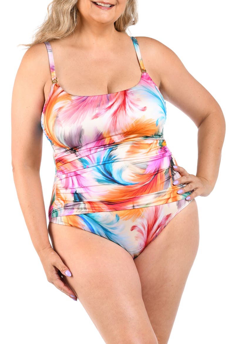 Feathered Impression One-Piece Swimsuit, Main, color, PINK MULTI
