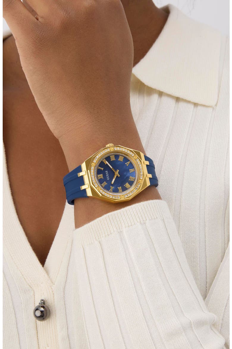 Desire Crystal & Mother-of-Pearl Silicone Strap Watch, 36mm, Alternate, color, BLUE