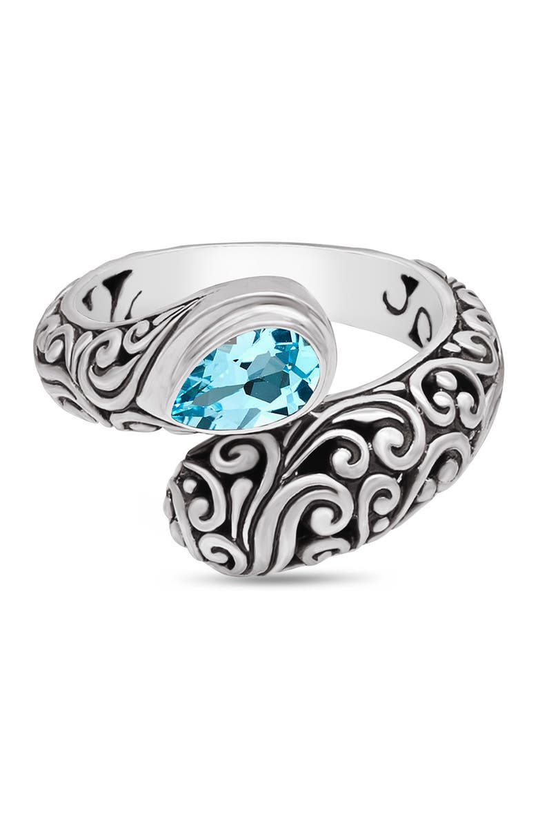 DEVATA Bali Filigree Sterling Silver ByPass Ring Embellished by 18K Gold Accents and Sky Blue Topaz, Alternate, color, 