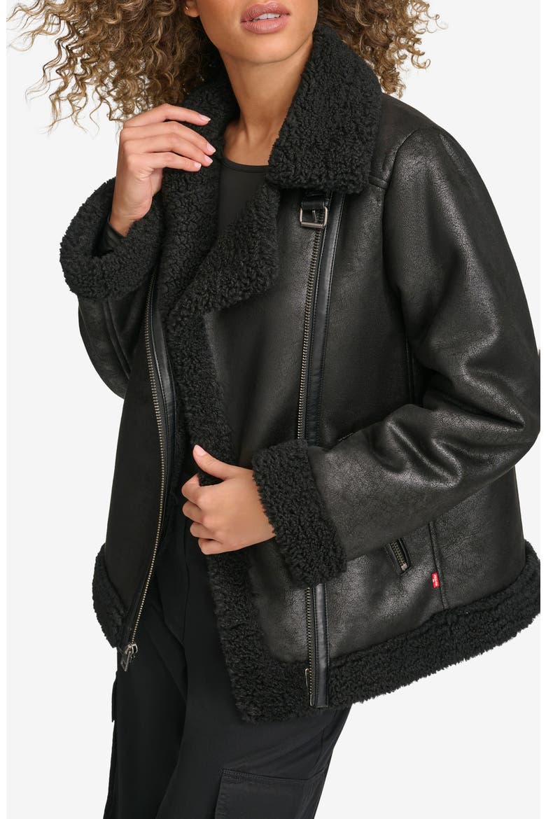 Faux Shearling Lined Faux Leather Moto Jacket, Alternate, color, BLACK