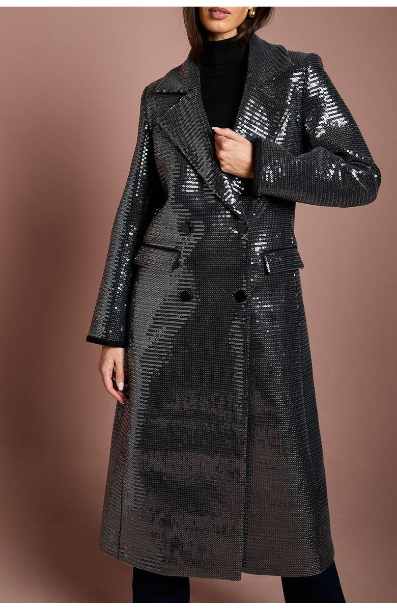 Coast Faux Fur Collar Sequin Longline Coat, Alternate, color, Black