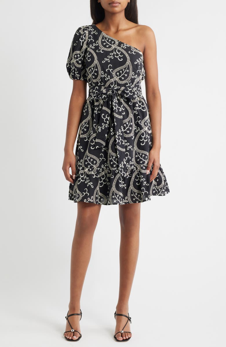 Anne Klein One-Shoulder Puff Sleeve Cotton Dress, Main, color,