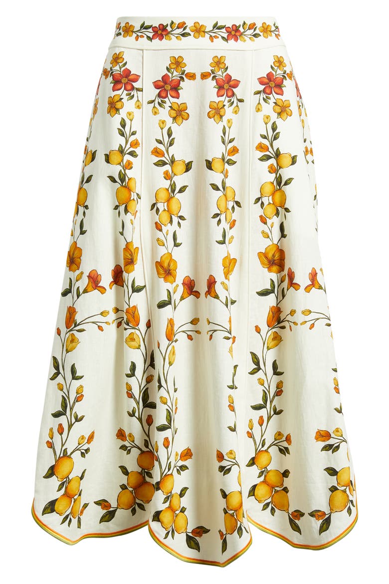 Lemon Bouquet Floral Linen Blend Midi Skirt, Alternate, color, LEMON BOUQUET OFF-WHITE